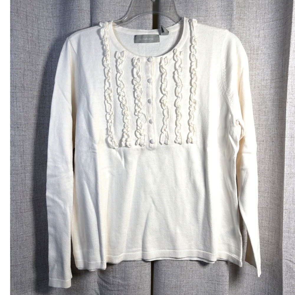 Liz Claiborne Womens Cream White Ruffle Bib Button Front Knit Sweater XL